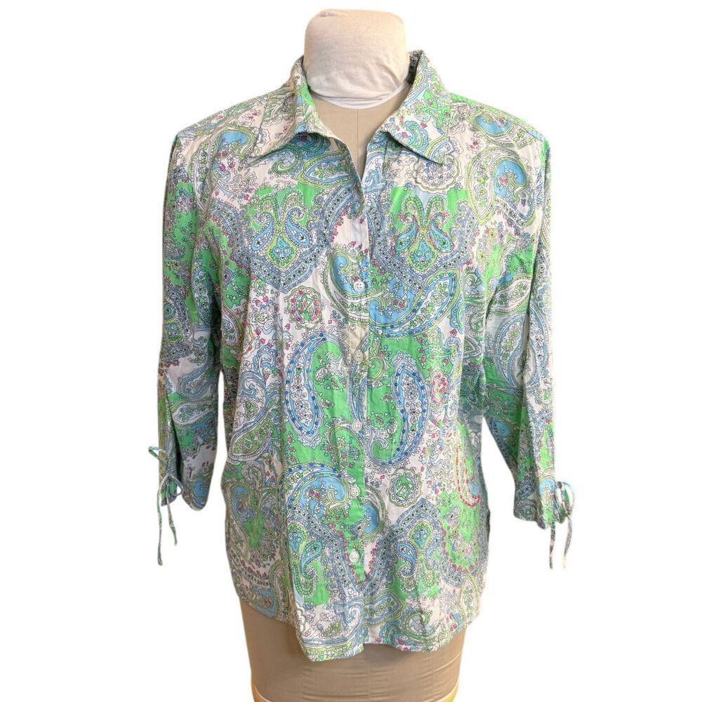 Pappagallo Sequined Shirt Petite XL Green Button Up Collar 3/4 Sleeves
